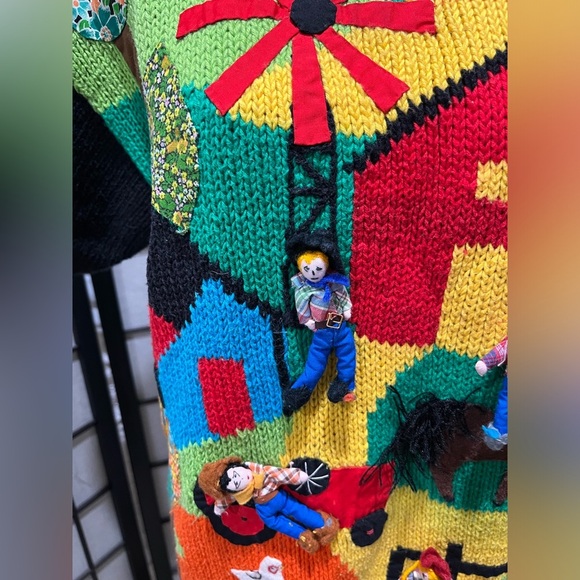 Raquel's Collection Black Knit Sweater FOLK ART. 3D FARM. VINTAGE SIZE L - Picture 6 of 11